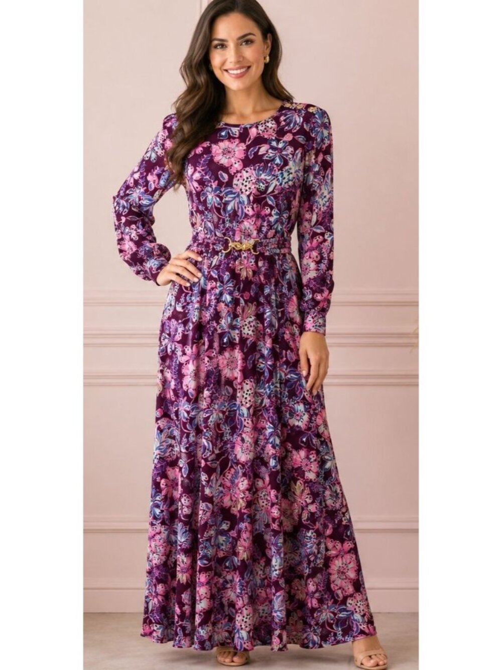 New Lilly Pulitzer Leolyn Maxi Dress Womens 14  Long Sleeves Colorful Floral Bel